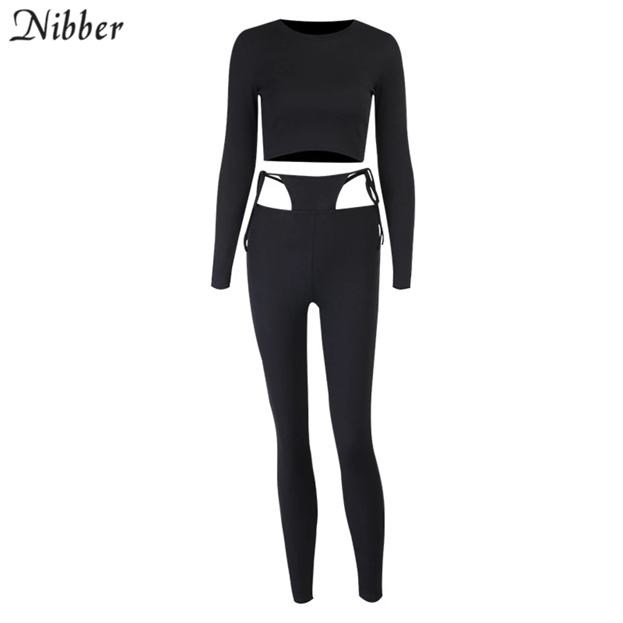 

Nibber Cotton Crop Tops Hollow Out Pants Activity 2Two Pieces Sets Womens Outfit Casual Tee shirts Leggings Basic Suits Female