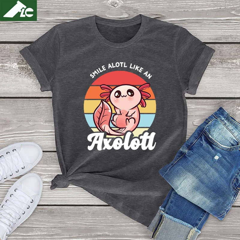 

Смешные Axolotl Графические футболки для женщин унисекс футболка с коротким рукавом винтажная улыбка много похожа на Axolotl футболка Женские топ...