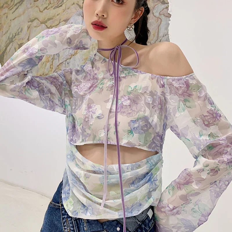 

XIZIHUPAN Patchwork Print T Shirt For Women Skew Collar Long Sleeve Hollow Out Lace Up Shirts Sexy Female Fashion Clothing 2021