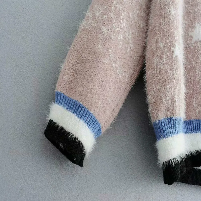 

2019 European and American wind autumn and winter women's new five-pointed star imitation fur sweater round-neck sweater