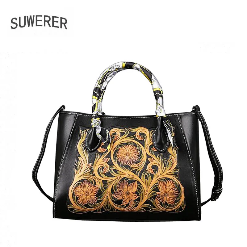 

SUWERER 2022 New Women Genuine Leather Bag Fashion Real Cowhide Hand Carved Bag Women Famous Brand Leather Bag Luxury Tote Bag
