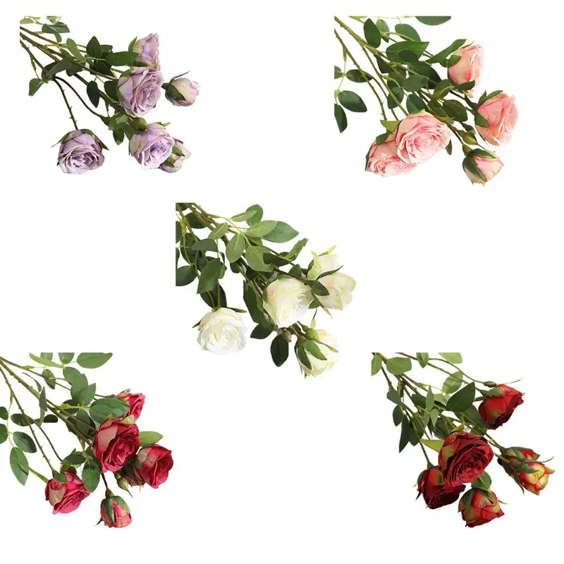 

41XC 6 головок искусственных шелковых роз, искусственные зеленые листья, винтажный Свадебный Декоративный букет для дома и сада