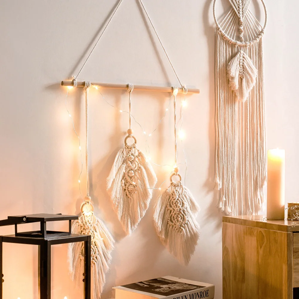 

Leaf Feather Shape Weave Macrame Art Tapestry Wall Hanging Woven Fringe Banner Curtain Decor Living Room Bedroom Door