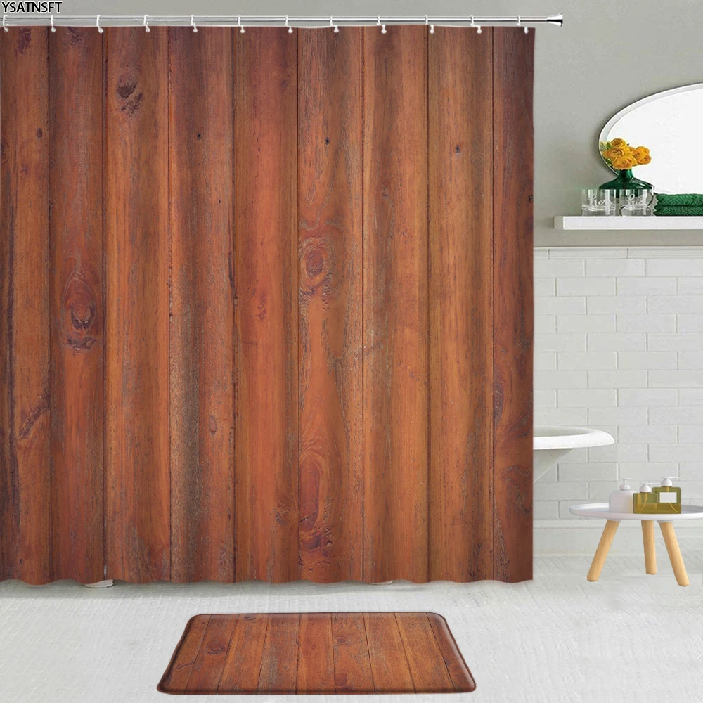 

2Pcs Retro Brown Wood Plank Texture Shower Curtain Simple Board Stripe Pattern Bathroom Non-Slip Carpet Bath Mat Curtains Set