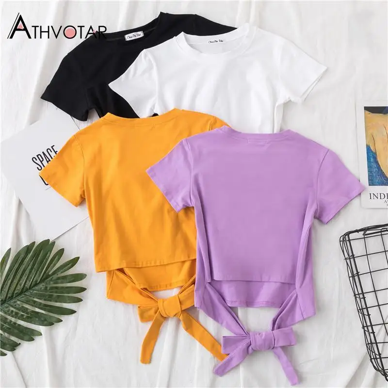 

Athvotar Bow Top Women Short Sleeve Sport Fashion Basic Top Solid Cotton O-Neck High Waist Top Women