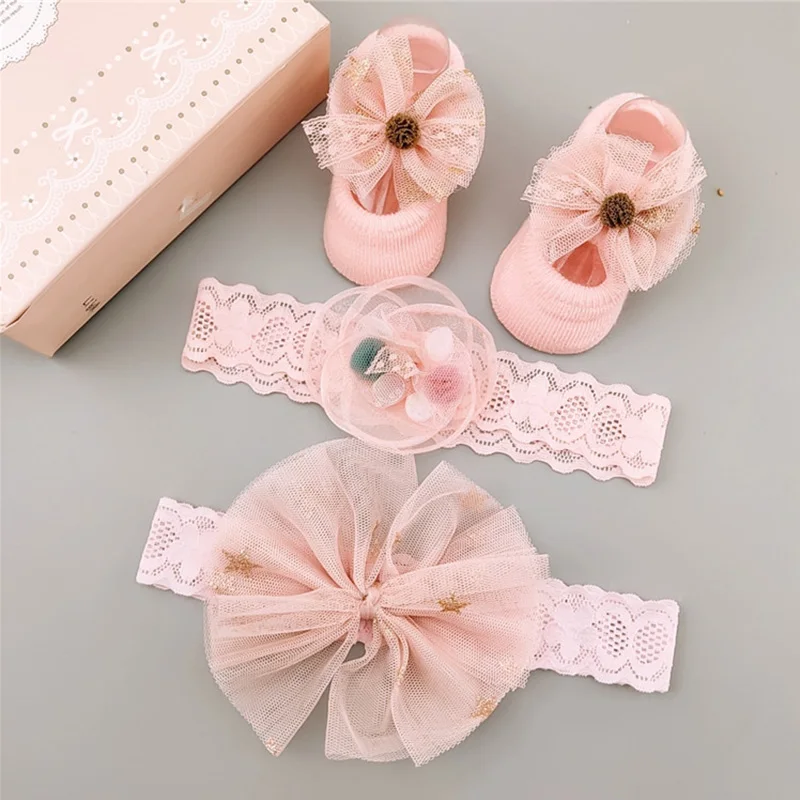 

3Pcs/Set Lace Flower Baby Girl Headband Socks Set Crown Bows Newborn Hairband Headbands For Girls Turban Baby Hair Accessories