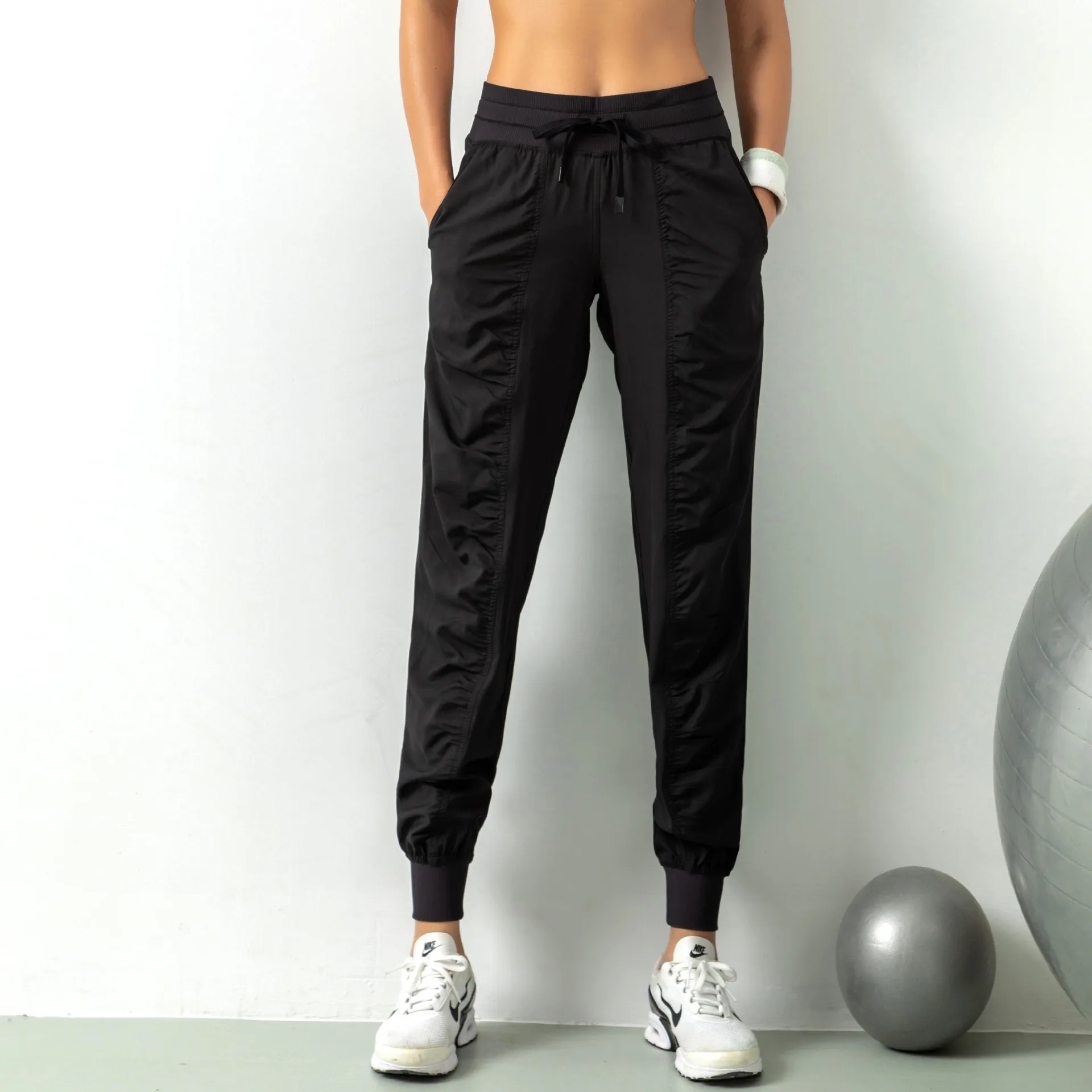 

Fabric Drawstring Running Sport Joggers Women Quick Dry Athletic Gym Fitness Sweatpants with Two Side Pockets