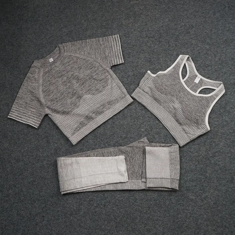 

3 PCS Seamless Women Yoga Set Workout Sportswear Gym Clothing Fitness Short Sleeve Crop Top High Waist Leggings Sports Suits
