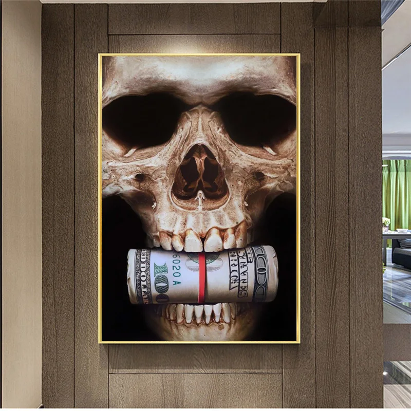 Абстрактный череп голова с деньгами доллар арт сравнения на холсте Картины