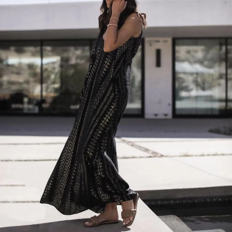 

2021 Women Vintage Print Black Sling Long Dress Summer Sexy V Neck Boho Party Dress Casual Pocket Loose Beach Maxi Dress Vestido