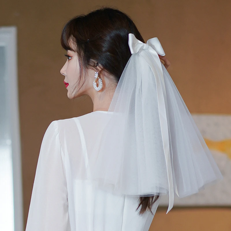

Фата с бантом, длина до плеча, мягкая, с необработанными краями, простой головной убор, свадебный аксессуар для невесты V122
