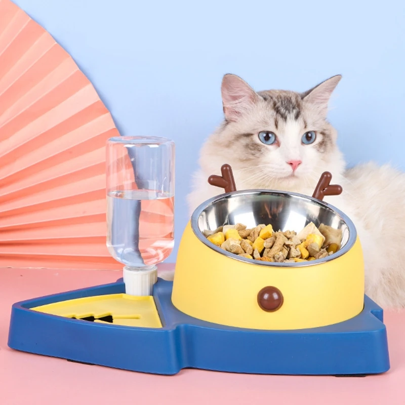 

Pet Automatic Feeder Dog Food Bowl Water Fountain Slanted Raised Stainless Steel Bowl with Slow Feeder Pink/Green/Blue
