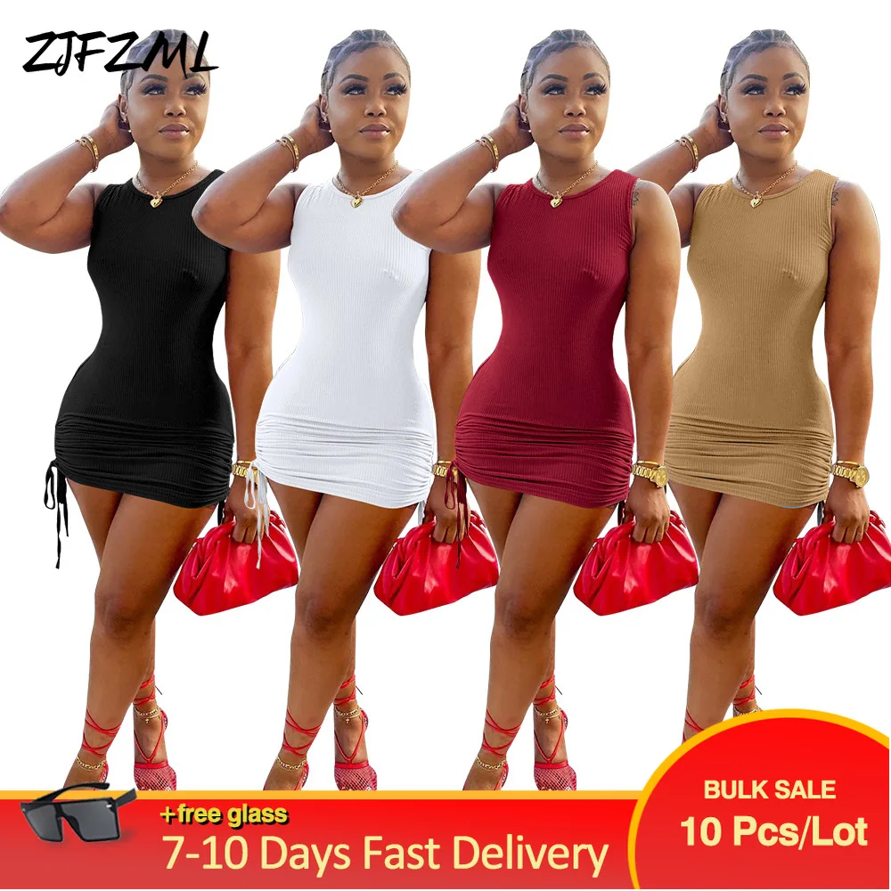 

Wholesale Bulk Items Lots Women's Solid Elastic Hight Pencil Dresses Early Autumn Sleeveless Draped Drawstring Bandage Dress