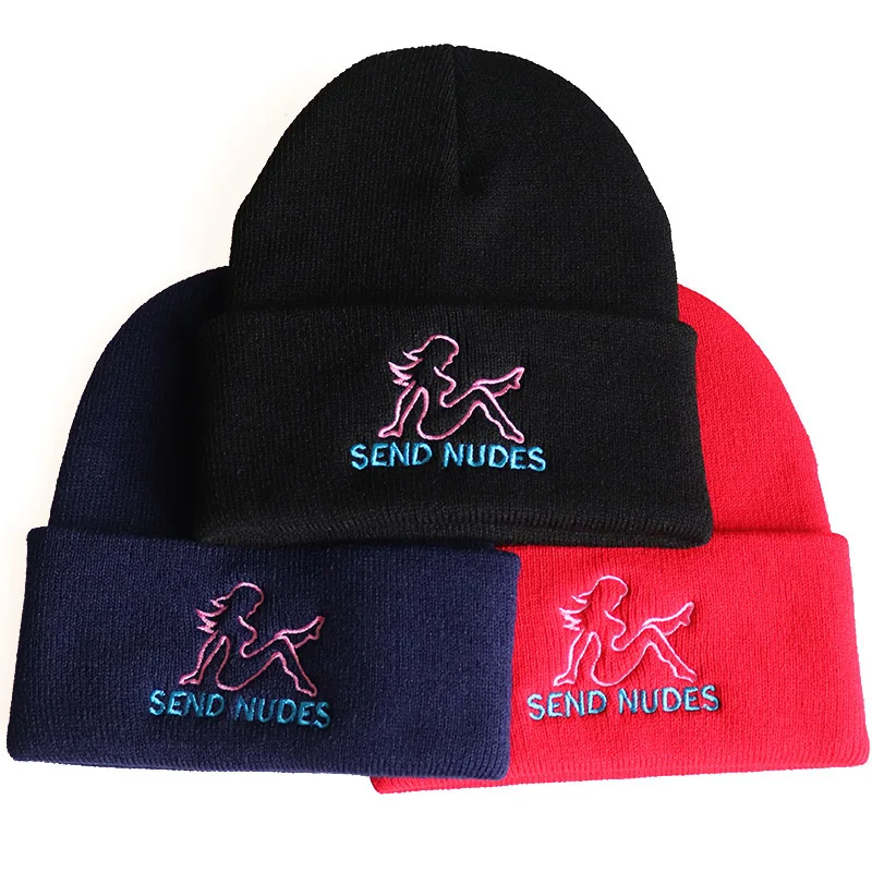 

Embroidery Knitted Hat Winter Hats For Women Men Send Nudes Beanie Warm Beanie Outdoor Sport Skiing Hats Skullie Bonnet Beanies