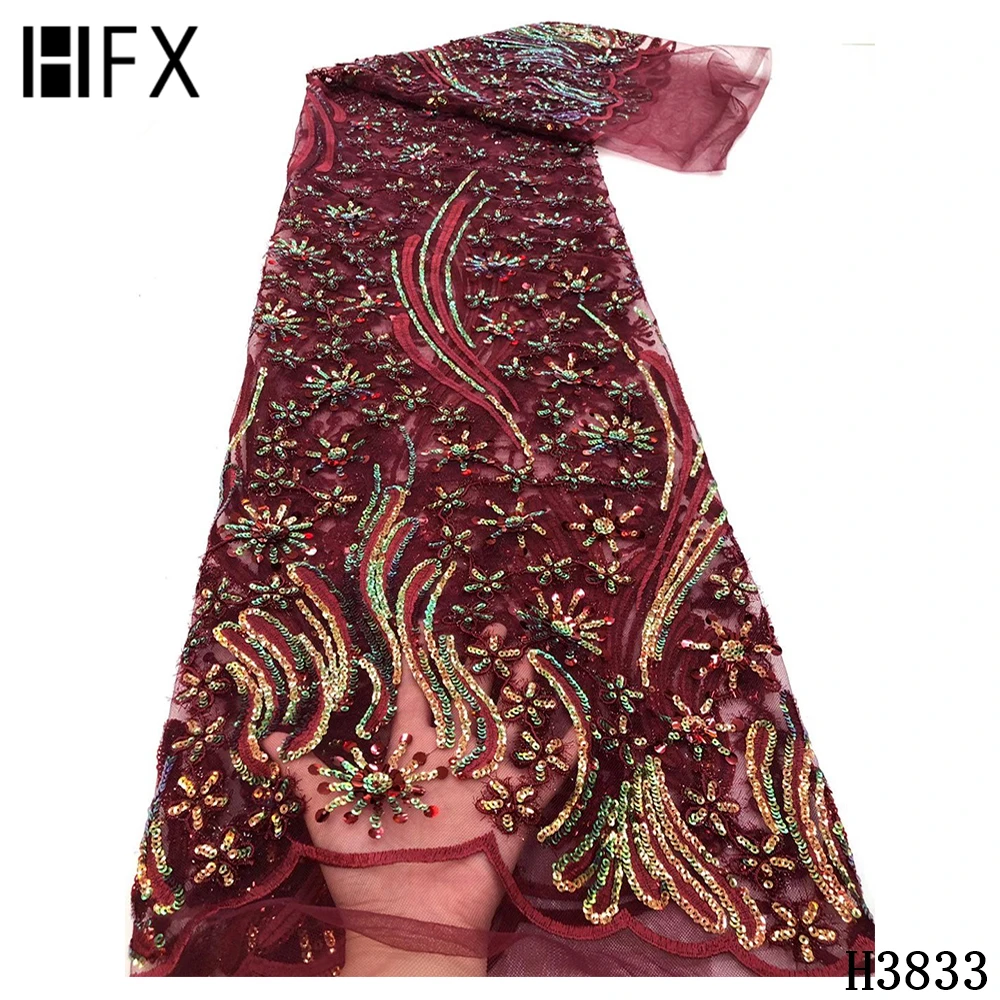 

HFX Latest African Lace Fabric 2020 High Quality French Lace With Sequins Nigerian Lace Fabrics For Wedding party Dress H3833