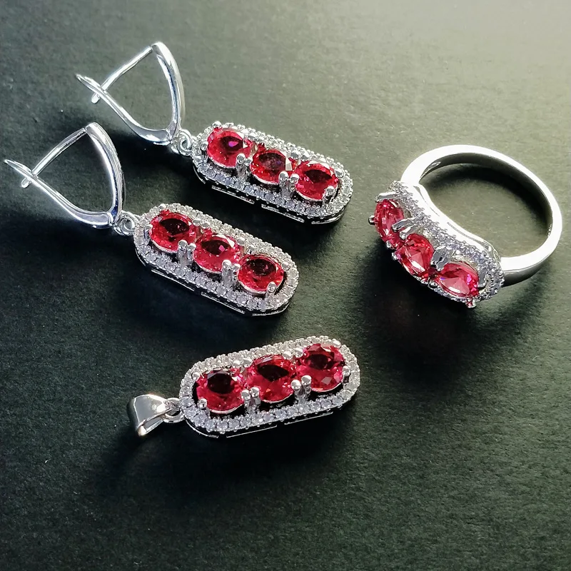 red Bague Ringen, геометрическое серебро 925, ювелирные наборы для женщин, сапфир, рубин, аметист, изумруд, кольцо с камнями, серьги, ожерелье, вечерние - Gem Color: red