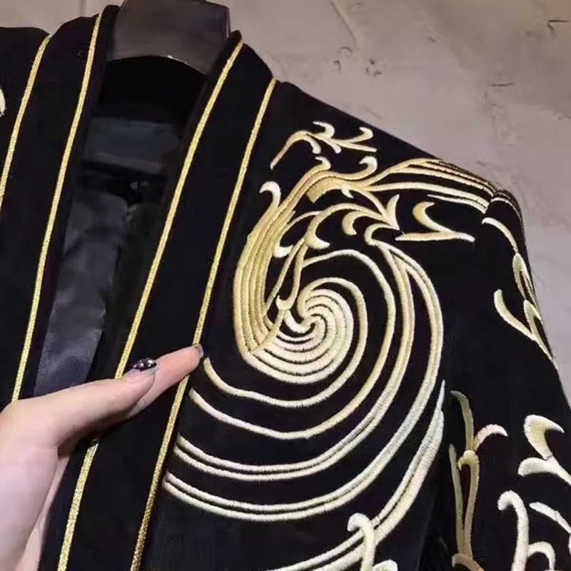 Brand Autumn Men Blazer Designer Embroidery Long Sleeve Suit Jacket Court Style Party Wedding Coat Club Stage Singer Clothes |