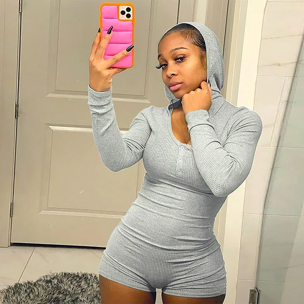 

Женский модный комбинезон с длинным рукавом, комбинезоны с капюшоном, новинка 2020, эластичный женский обтягивающий мягкий однотонный комбин...