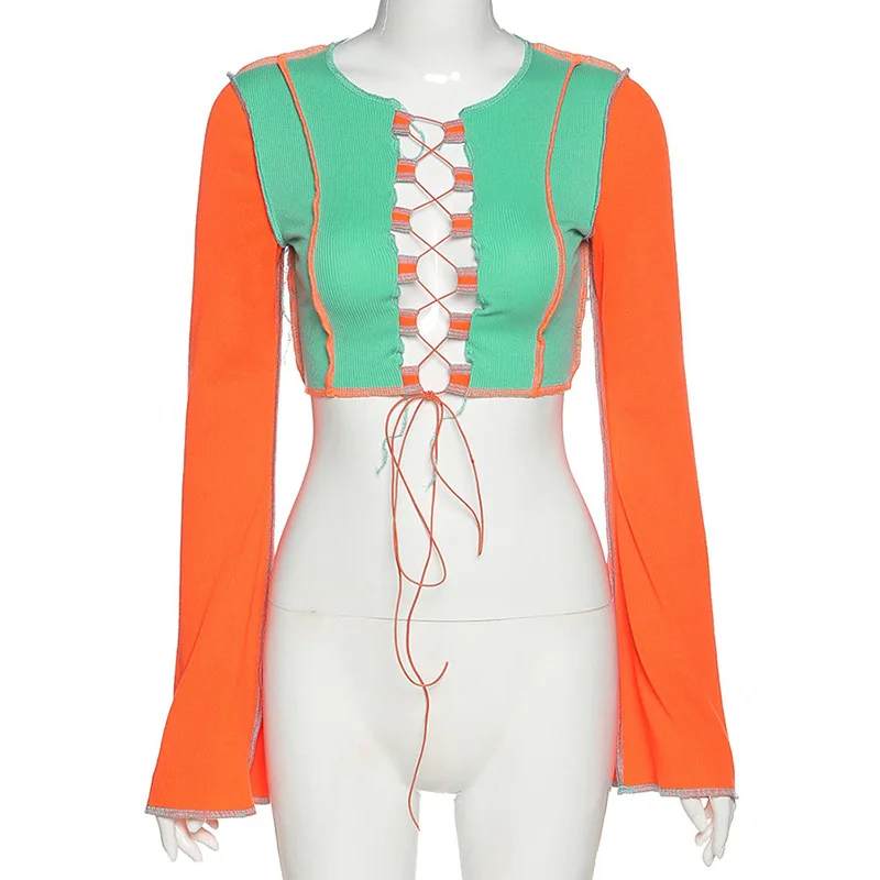 Sexy Hollow Out Lace Up Patchwork Crop Top Women Autumn Flare Long Sleeve O Neck TShirts Tops Female Casual Streetwear Outfits | Женская