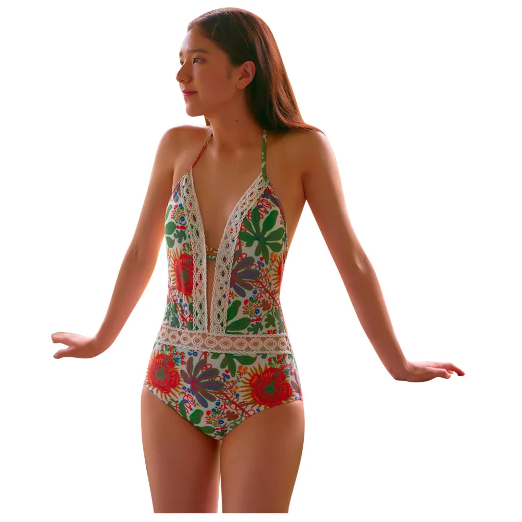 Vintage Deep V sexy Printing Bandage cross 1-Piece Bikini Push-Up Pad Swimwear High waisted Botton Backless Beachwear купальник |