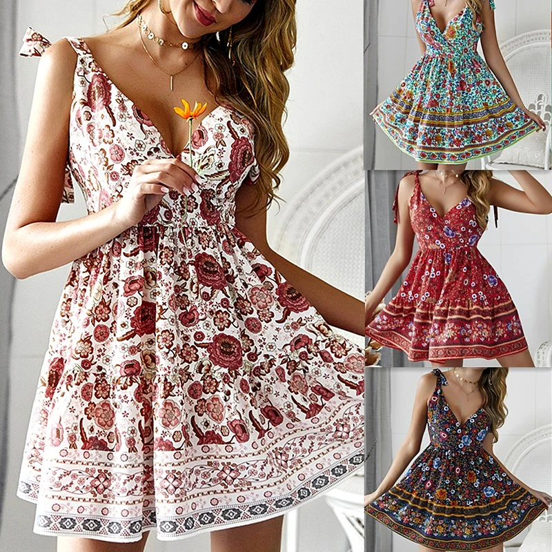 

Women's summer beach style print new mid-waist strap A-line dress chiffon V neck sexy dress