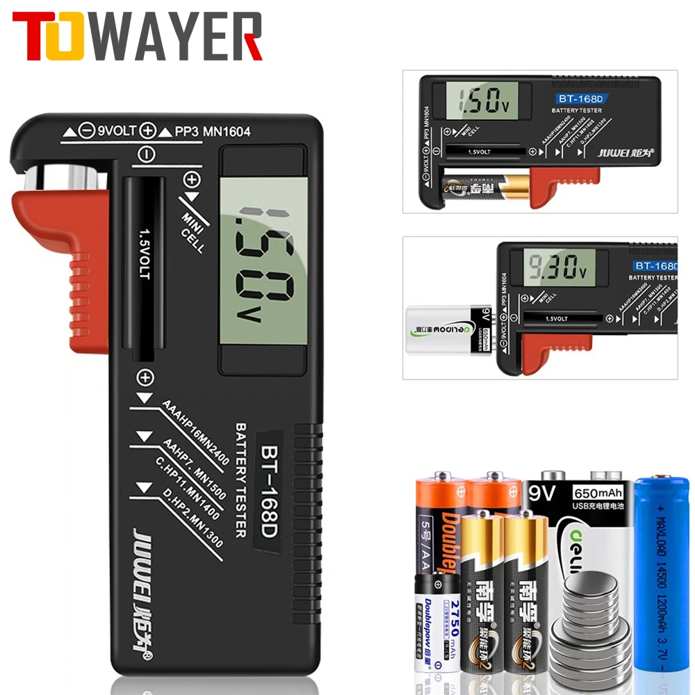 

Digital Battery Tester 9V/1.5V/AA/AAA Battery Capacity Tester Button Cell Volt Checker Universal Battery Tester BT-168D