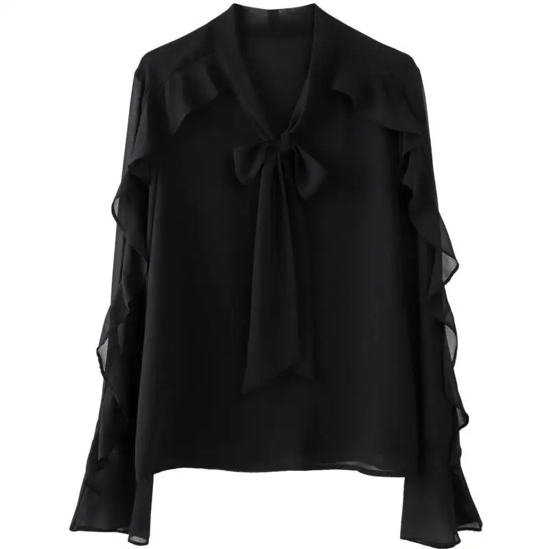 

Fashion Chiffon Office Ladies Tops Blusas Mujer Elegant Slim Long Sleeve Blouse Women Solid High Street Black Shirt Female Q3823