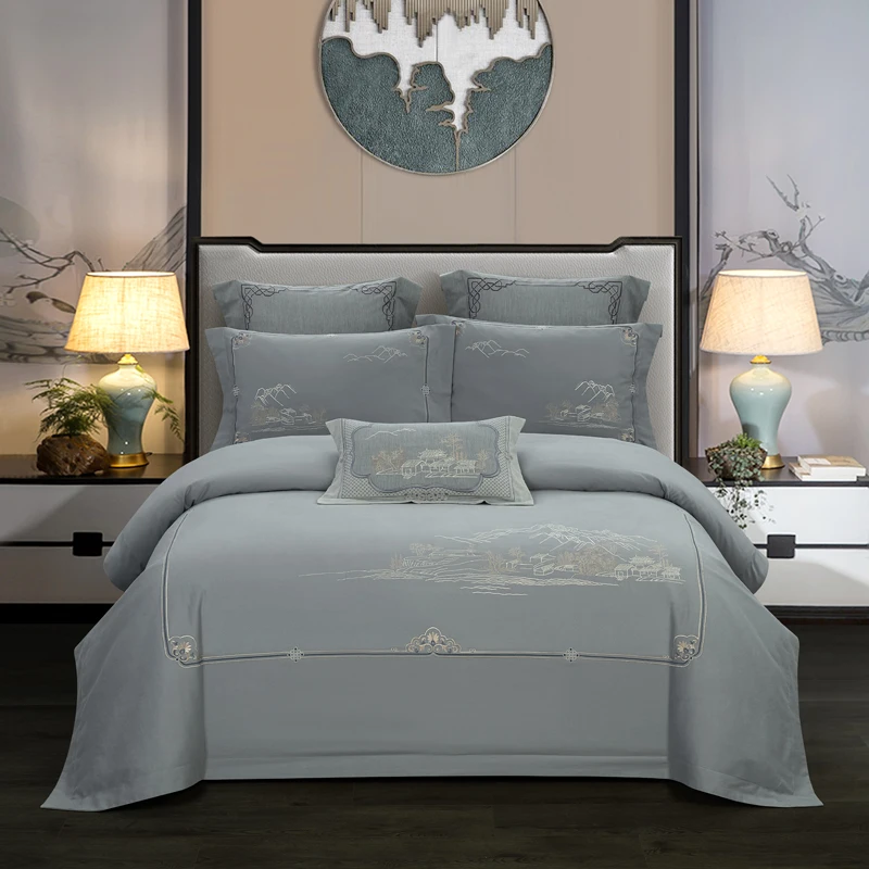 

EMBROIDERY CHINOISERIE STYLE DUVET QUILT COVER GREY LEAVES COMFORTER COVER QUEEN KING 4PCS BEDDING SET BED SHEETS FITTED SHEET