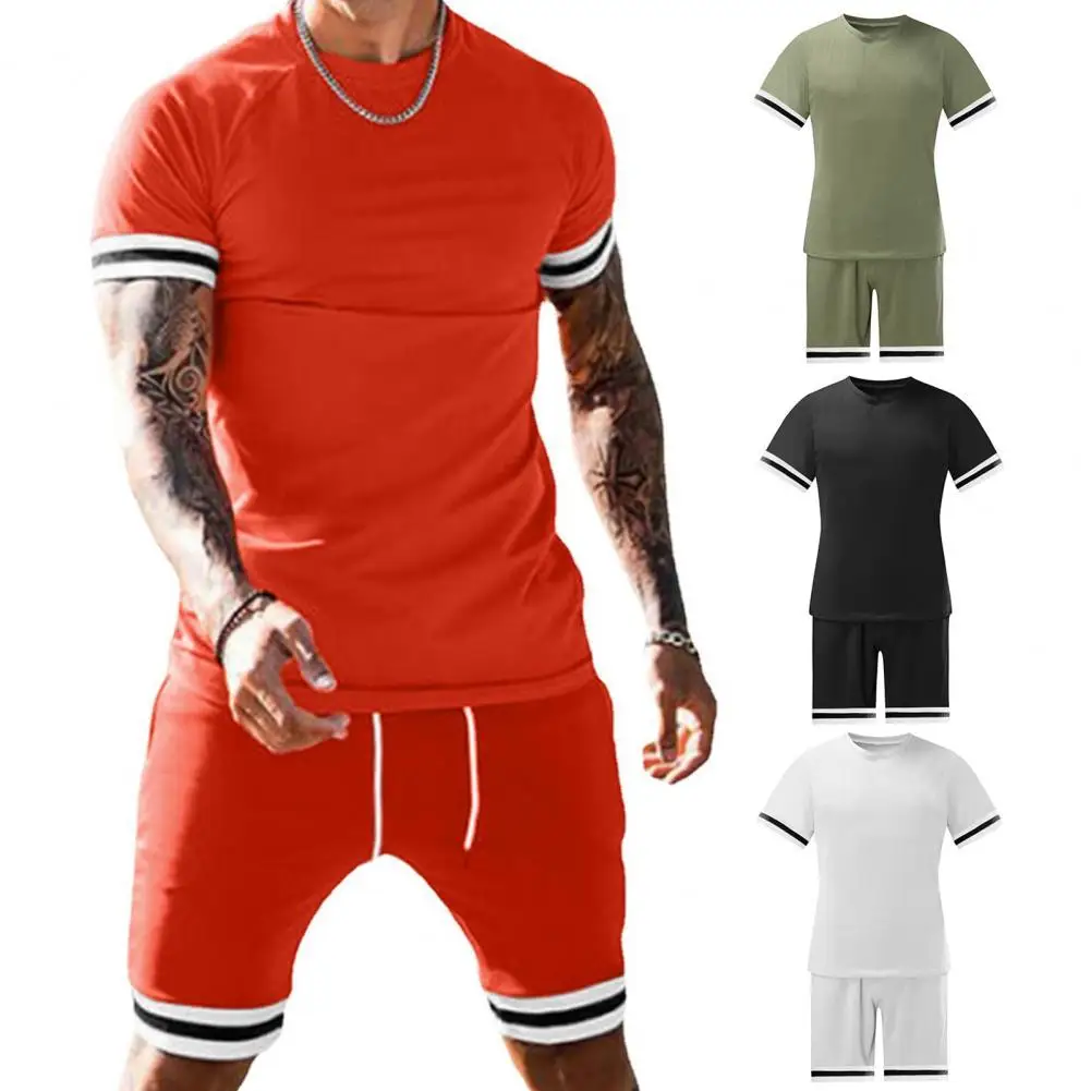 

New Stylish Men Tracksuit Set Contrast Color Patchwork Summer Short Sleeve T-shirt Drawstring Shorts for Fitness
