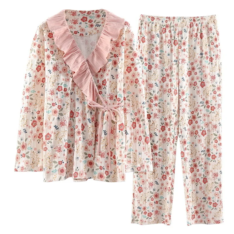 Pajamas Women's New Spring and Autumn Sweet Japanese Kimono Long-sleeved Trousers Cardigan Home Service Pajama Set Sleepwear