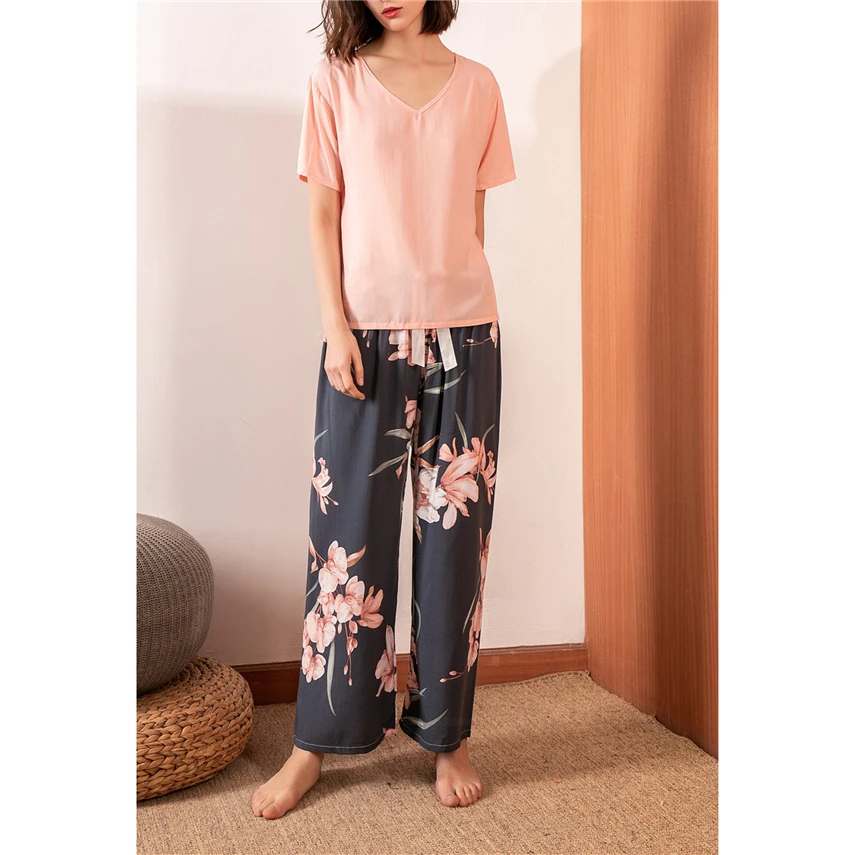 Пижама ночная рубашка одежда для сна с V образным вырезом брюки широкими