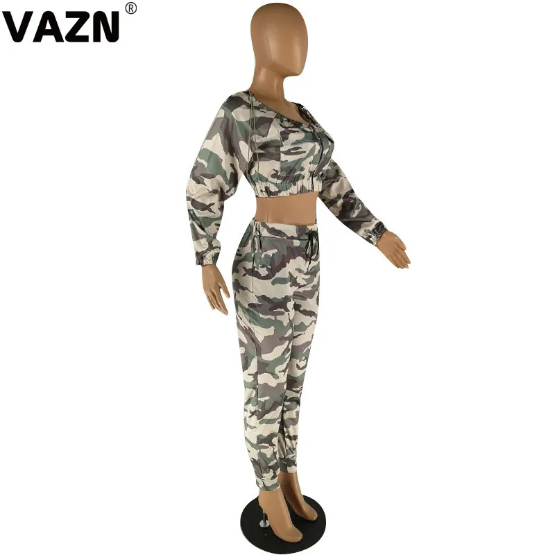 VAZN YZ917, осенний комплект с камуфляжным принтом, сексуальный,, топ с длинными рукавами, длинные широкие штаны, комплект из 2 предметов, комплекты ночного клуба, молодой ветер