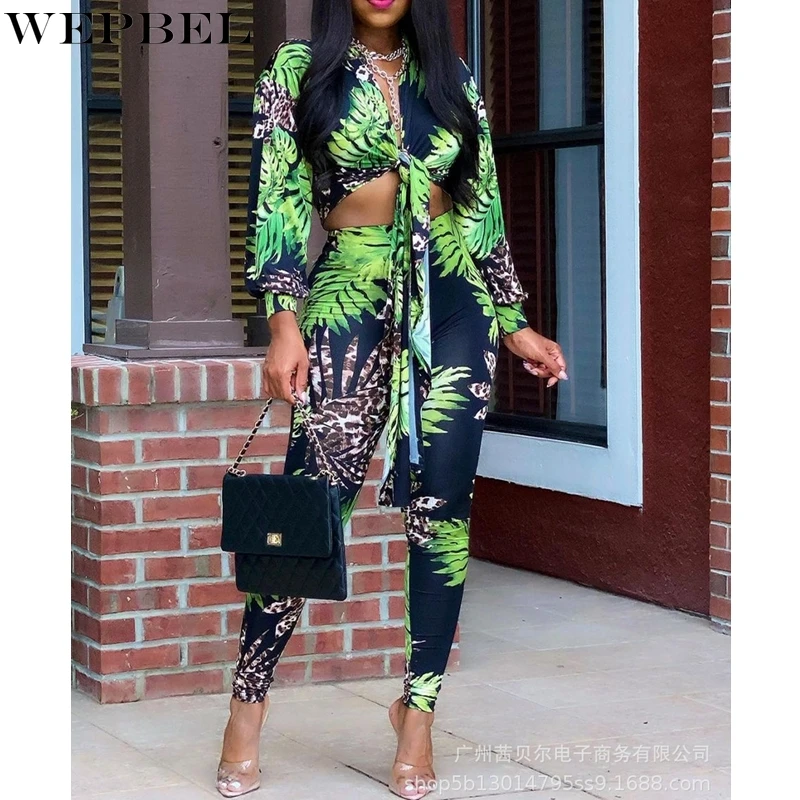 

WEPBEL Women's Sexy Leaves Printing Suit Autumn Fashion High Waist Slim Fit Pencil Pants + Long Sleeve V-neck Bandage Top Suit