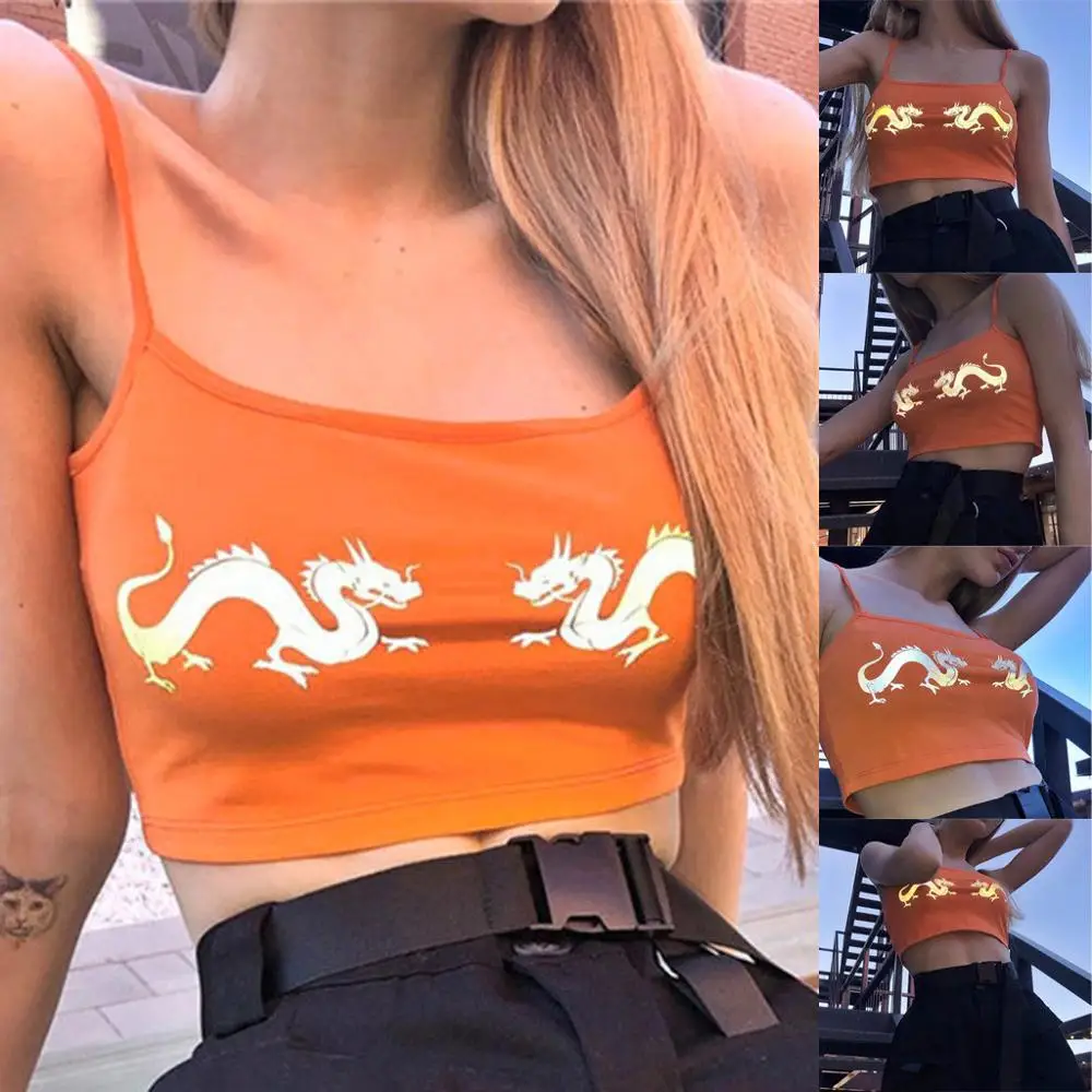 Женский Готический топ с вышивкой укороченный оранжевый принтом в виде дракона