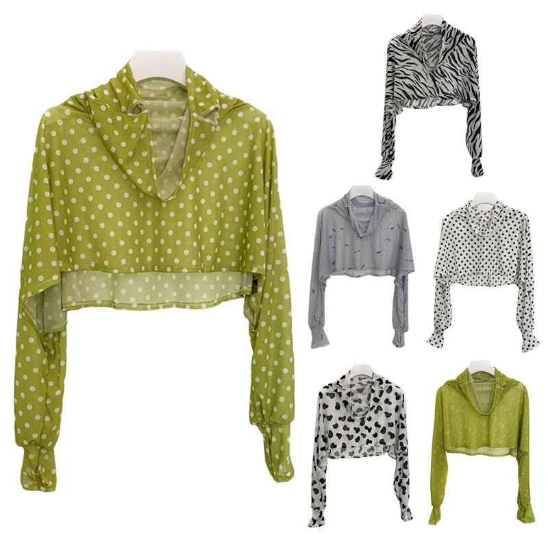 

Women Summer Mask Attached Long Sleeve Shirts Polka Dot Zebra Print Sun Protection Shawl Wrap Cloak Cycling Beach Cape with Earl