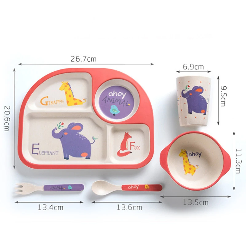 

5pc / Set Baby Dinner Plate Creative Edible Bamboo Fiber Printing Children's Tableware Set High Temperature Resistant Baby Plate