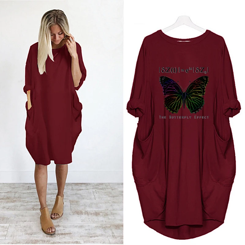 

Plus Size Butterfly Dresses Loose Casual Vintage Long Sleeve Pocket Vestido Autumn Clothes Women Streetwear Formula Letter 2021