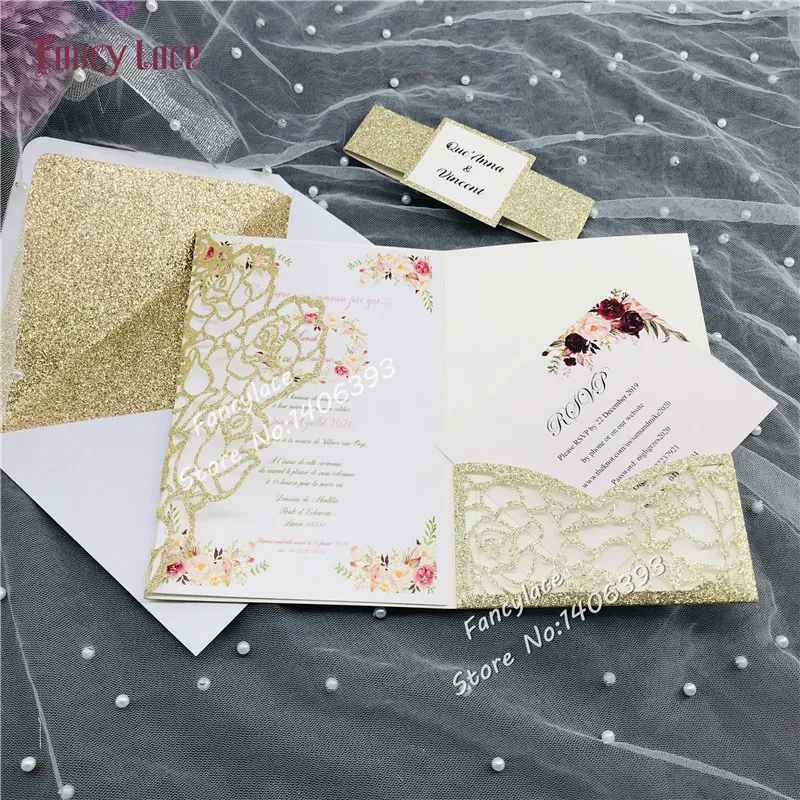 50 шт. новый набор свадебных приглашений с блестками в виде Розы конверты складные