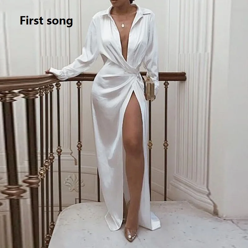 Женское платье-рубашка с отложным воротником длинным рукавом и разрезом |