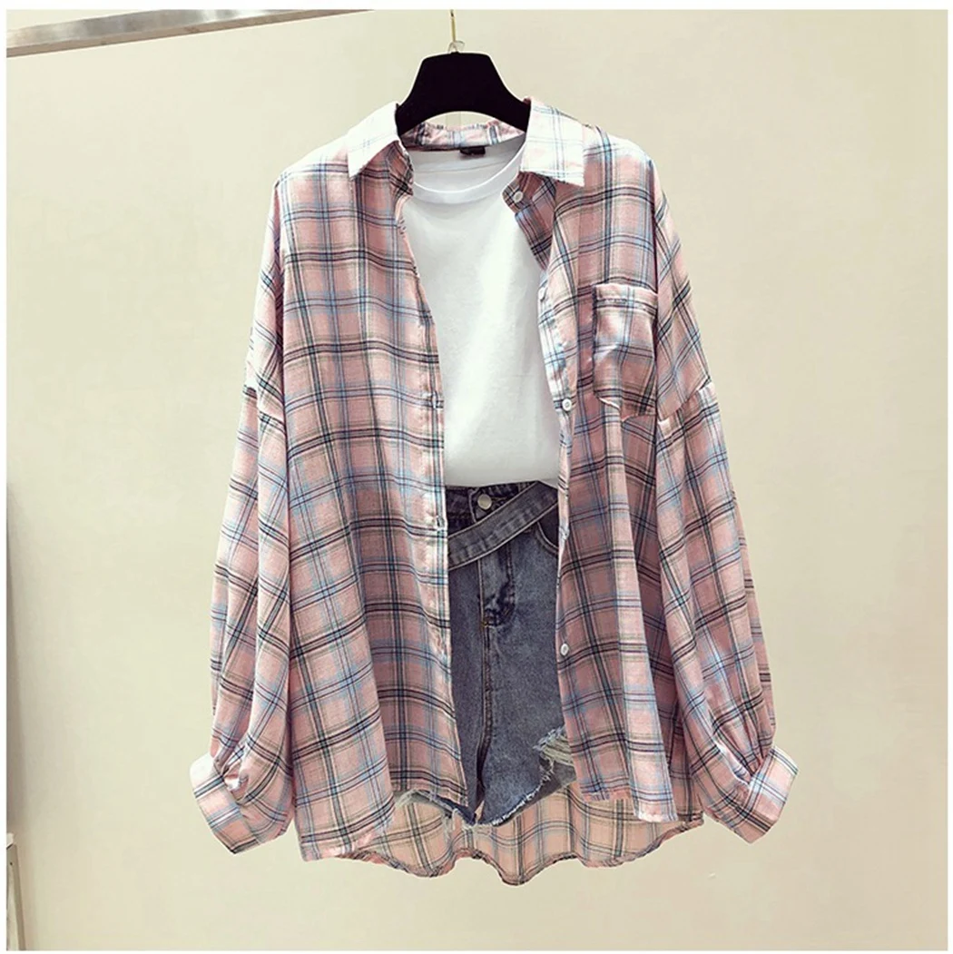 Мода 2019 Корейская верхняя одежда в стиле преппи свободное женская рубашка клетку