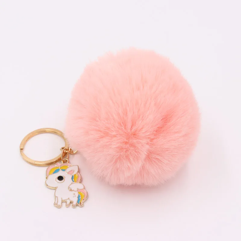 Pompom Единорог брелок для ключей мех кролика мяч лошадь Porte Clef сумка автомобильный