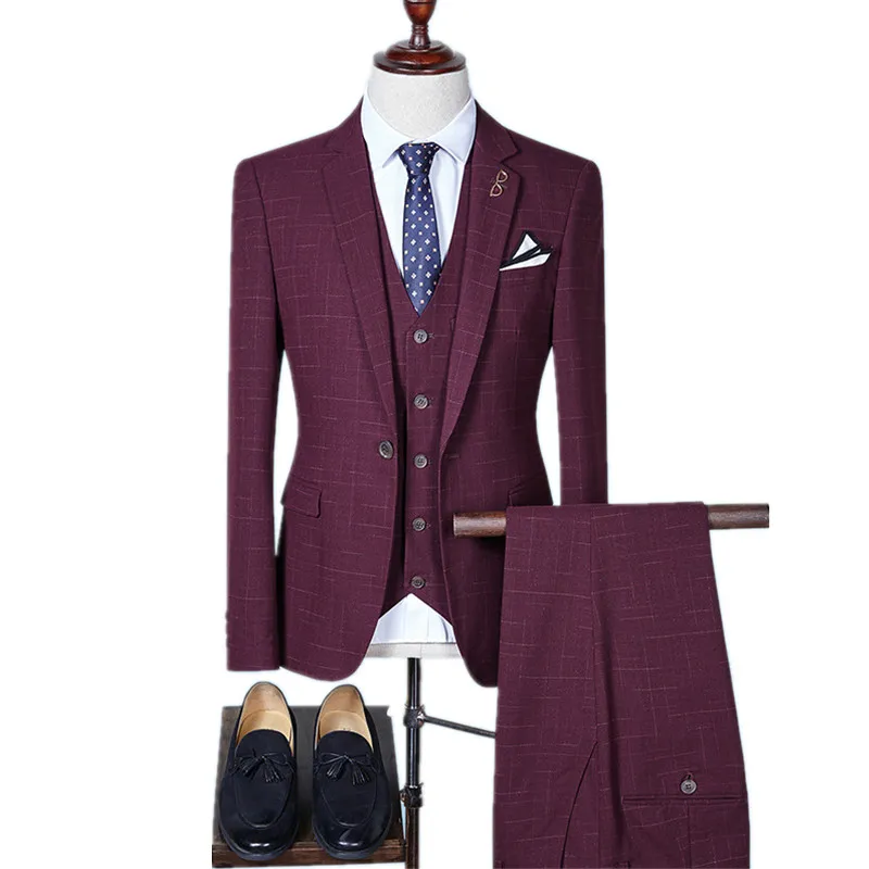 

Для мужчин рубашка в клетку Slim Fit Нарядные Костюмы для свадьбы для Для мужчин брендовые деловой строгий костюм, цвет черный, серый, темно-синий, бордовый, (пиджак + жилет + брюки)