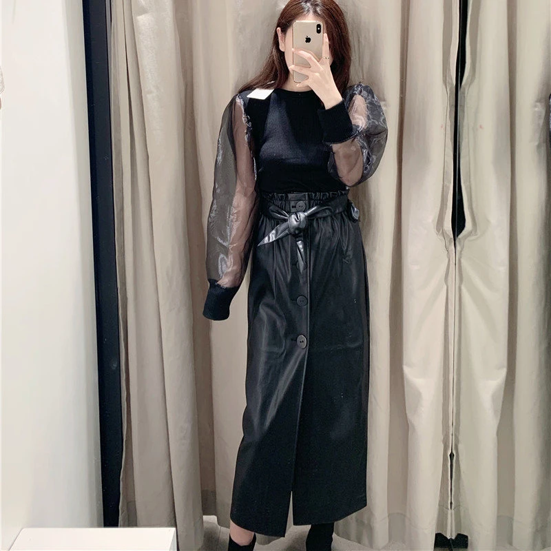 Элегантная зимняя флисовая юбка миди из искусственной кожи женская повседневная