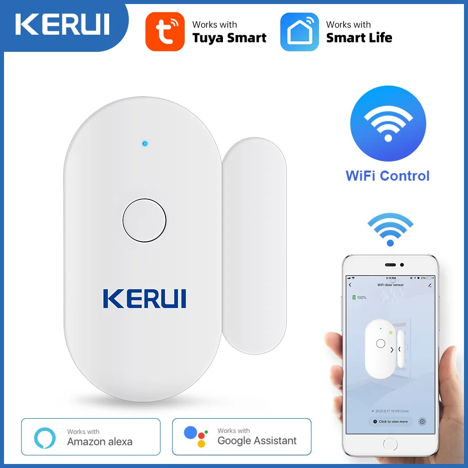 Фото Магнитный переключатель KERUI Tuya для системы безопасности умного дома, WiFi датчик для двери №1