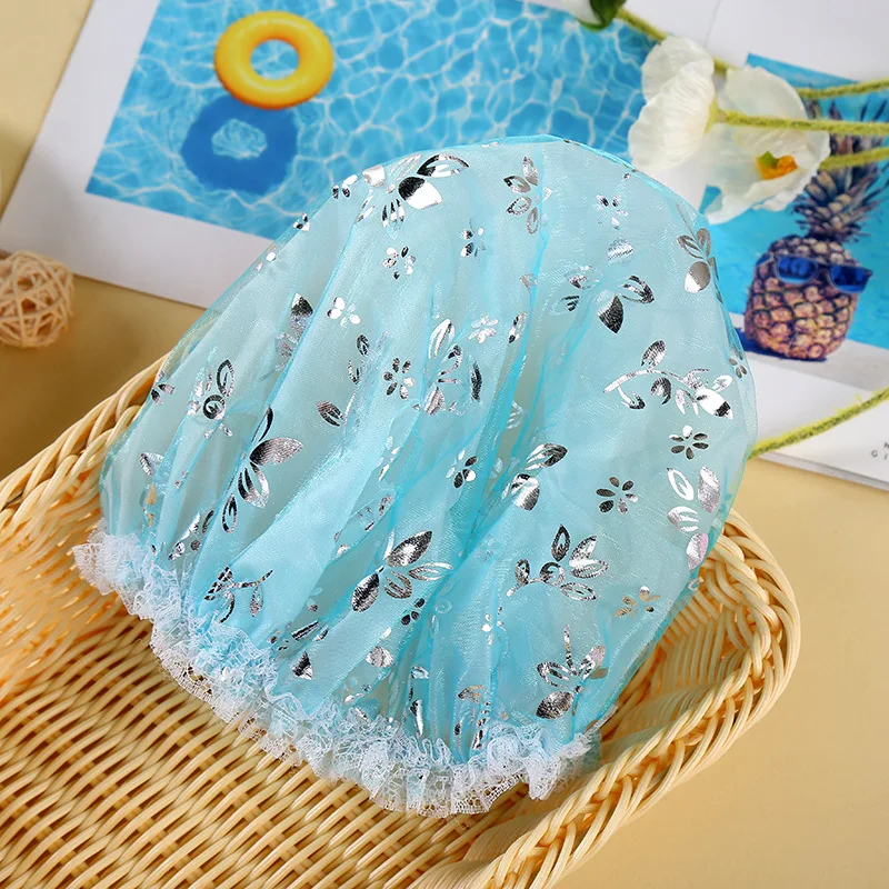 EVA double shower cap Waterproof shower cap Lace wire mesh boxed Face wash shower cap - Цвет: blue