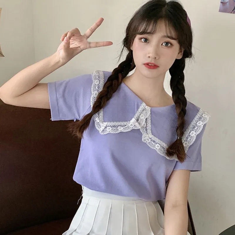 

Women's Sweet Knitted Short-Sleeved Summer Turn-down Collar T Shirt Fashion Lapel Lace Stitching Tops