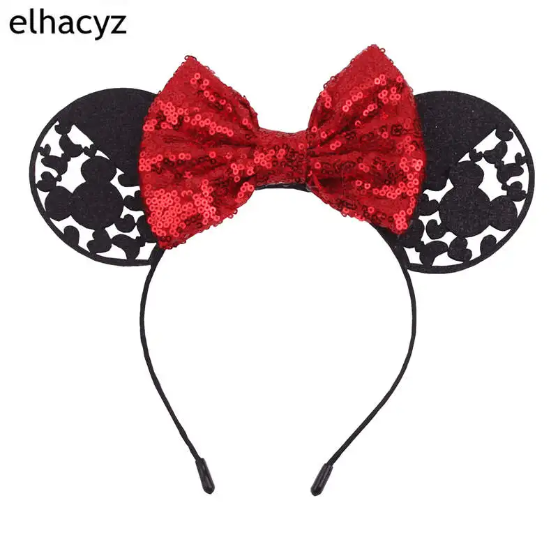 

1PC NEW Valentine/Christmas Hollow Mouse Ears Headbands 5'' Sequin Bow Hairband For Girls Women Party Headwear Hair Accessories