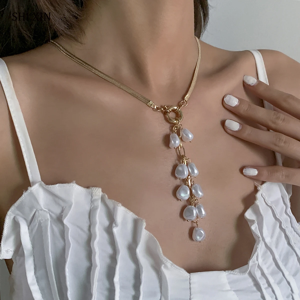 

SHIXIN Bohemian Baroque Pearl Pendant Necklace for Women/Girl Snake Chain Fashion Wedding Long Tassel Necklaces Jewelry for Neck