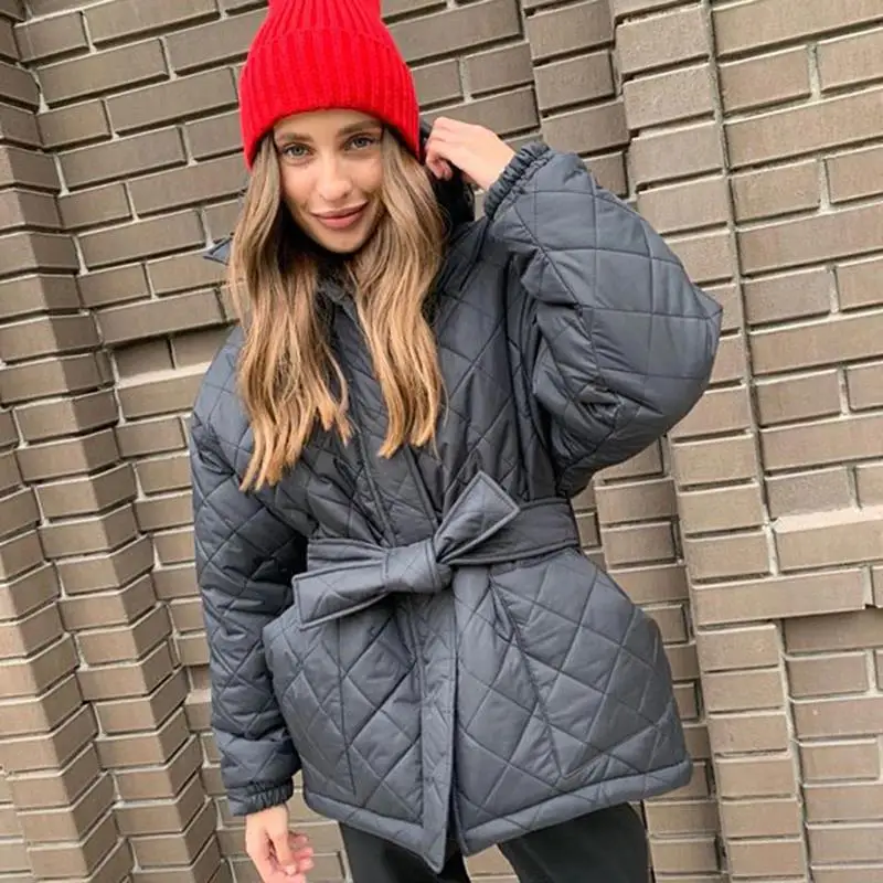 

Loose Casual Hooded Parkas Women Fashion Thick Coats Women Elegant Tie Belt Arygle Cotton Jackets Female Ladies
