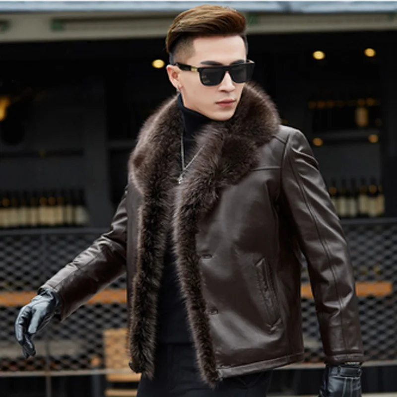 

Mens Winter Clothing Raccoon Sheep Skin Leather Long Sleeve Button Casual Slim Fit Casacas De Cuero Coat Office Business Jacket
